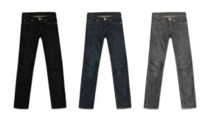 three womens jeans pants, in black, blue and grey, isolated on white background